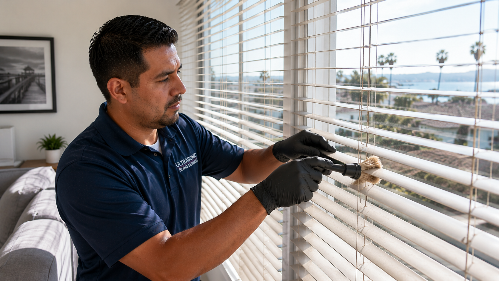 Blind cleaning service removing dust from window blinds in a San Pedro, CA home.