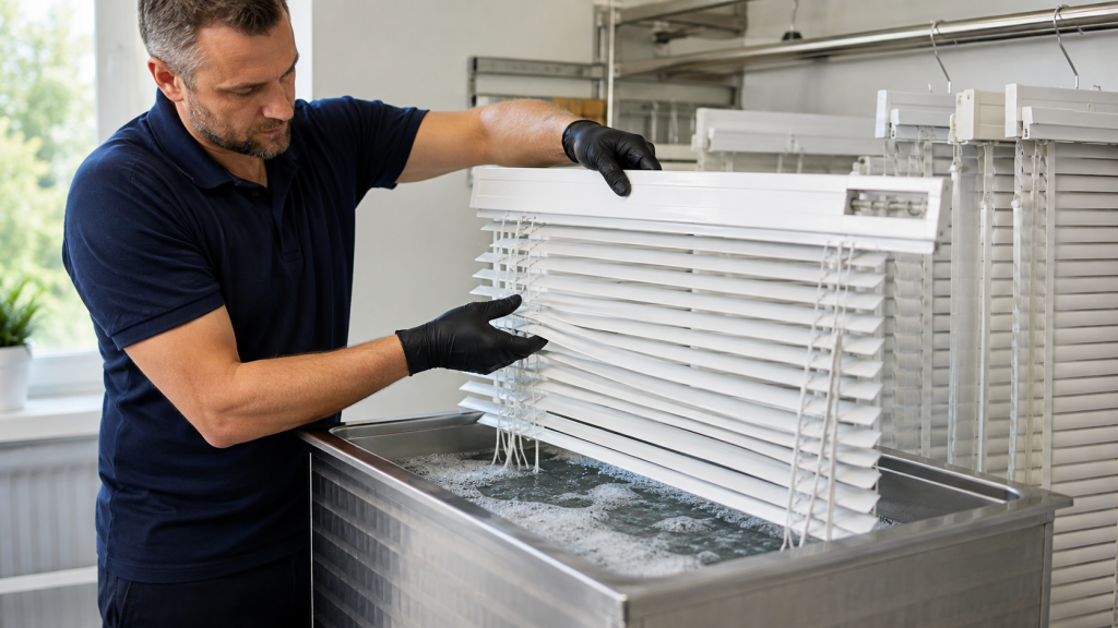 Professional ultrasonic blind cleaning helps remove dust and grime from hard-to-reach window-covering parts.
