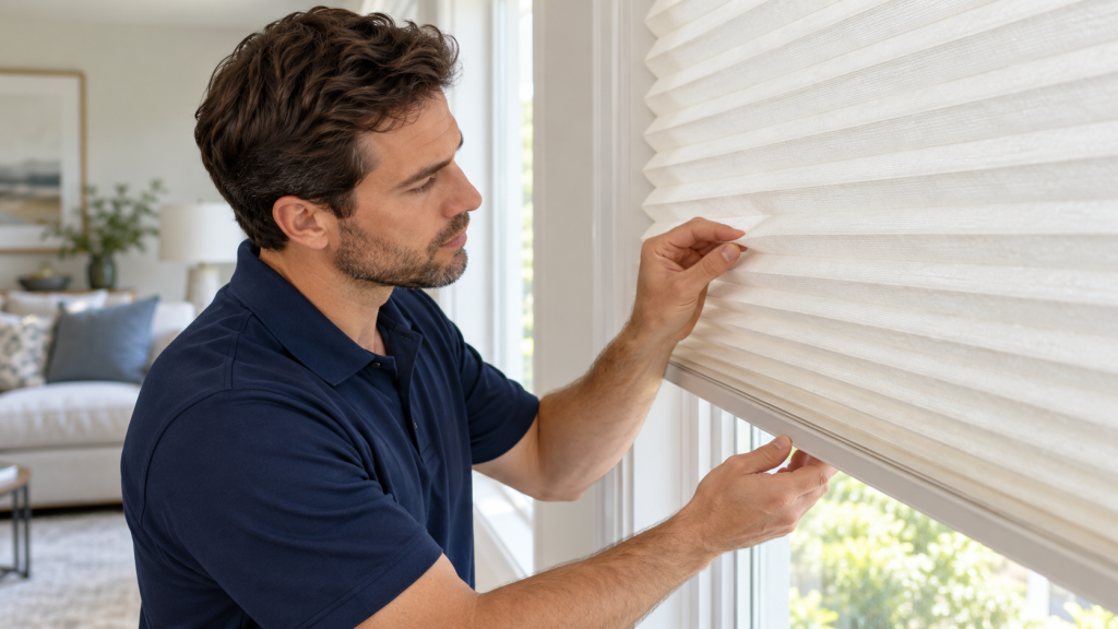 Technician inspecting the fabric and folds of a specialty window shade before cleaning.
