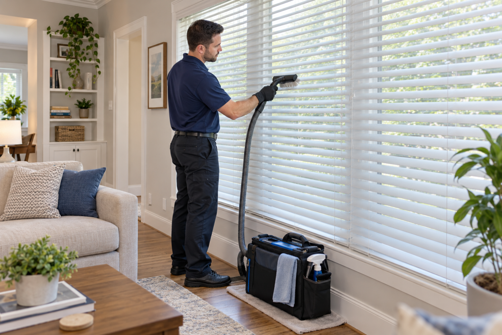 Mobile professional blind cleaning for window coverings inside a residential home.