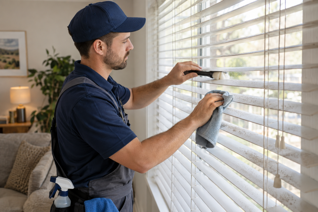 Technician performing professional blind cleaning on dusty horizontal slats and cords.