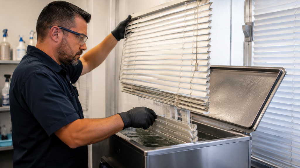 Ultrasonic blind cleaning removes hidden dirt from blind slats, cords, and hard-to-reach areas.