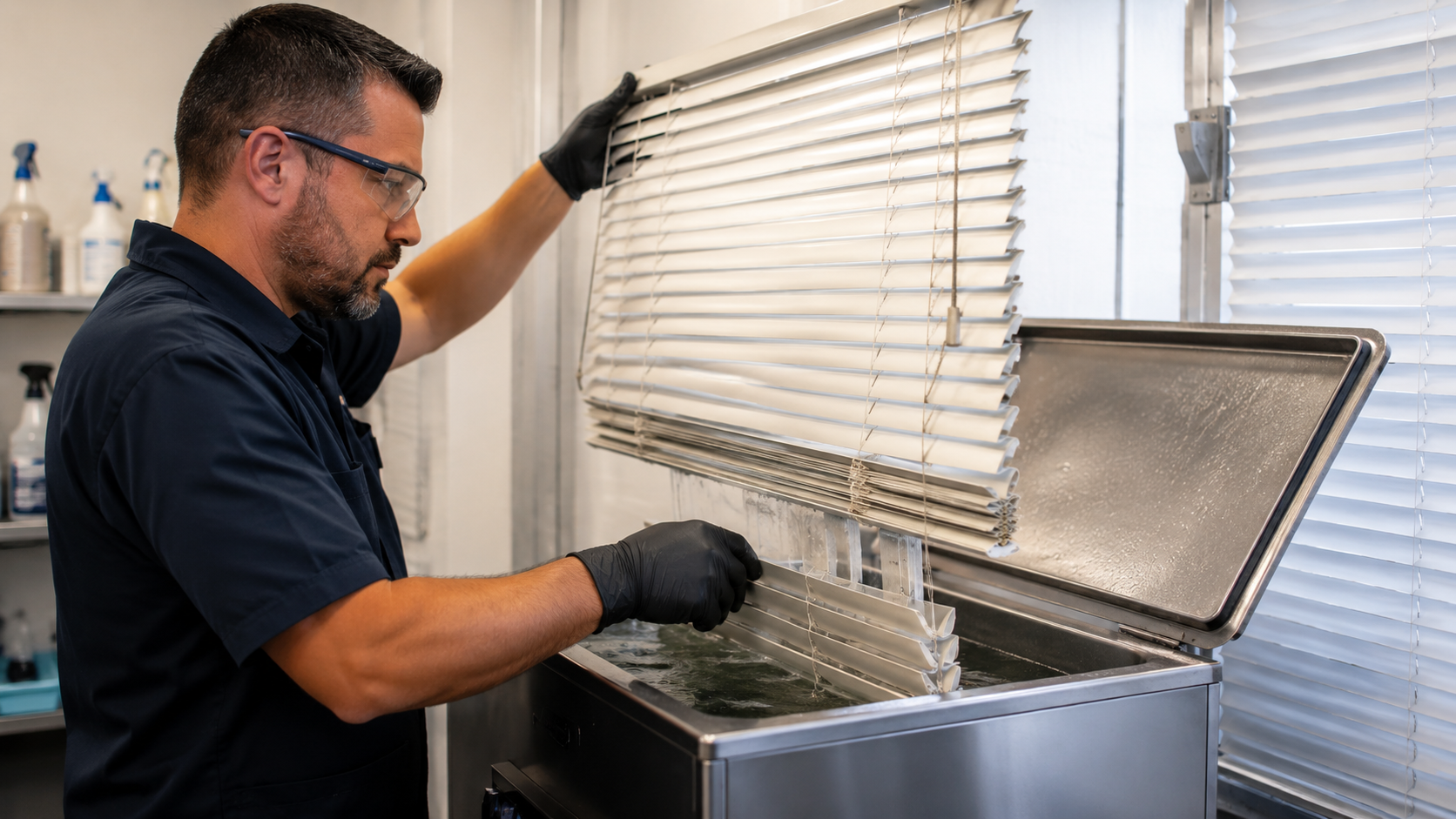 Ultrasonic blind cleaning removes hidden dirt from blind slats, cords, and hard-to-reach areas.