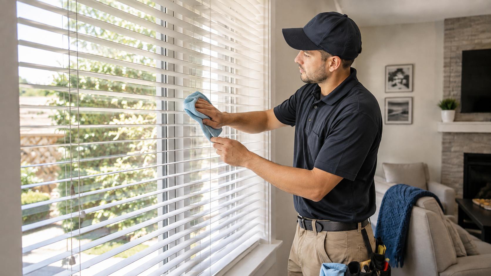 Mobile blind cleaning technician carefully cleaning window blinds inside a home.