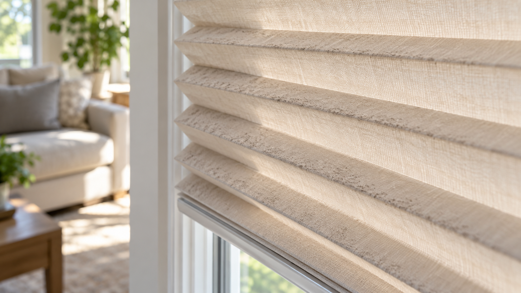 Light dust along the folds of a pleated window shade in a bright living room.