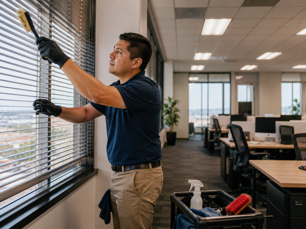 Mobile blind cleaning service for office blinds in a professional workspace.